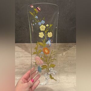 Vintage glass curved tray with a floral design by Dorothy Thorpe.